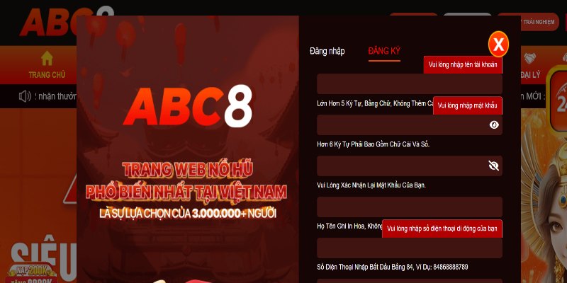 Cần vào đúng trang để đăng ký Abc8 thành công